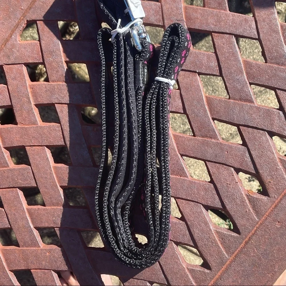 Dog It Collar & Leash Set Black With Pink & Gray Paw Prints, SilverTone…